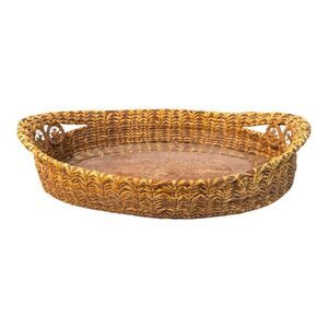 Handwoven Pine Needle Straw Raffia Catch All Oval Wicker Basket Handles READ